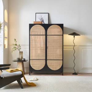Rustic Mango Wooden Wardrobe In Cane Finish ( Black Finish )