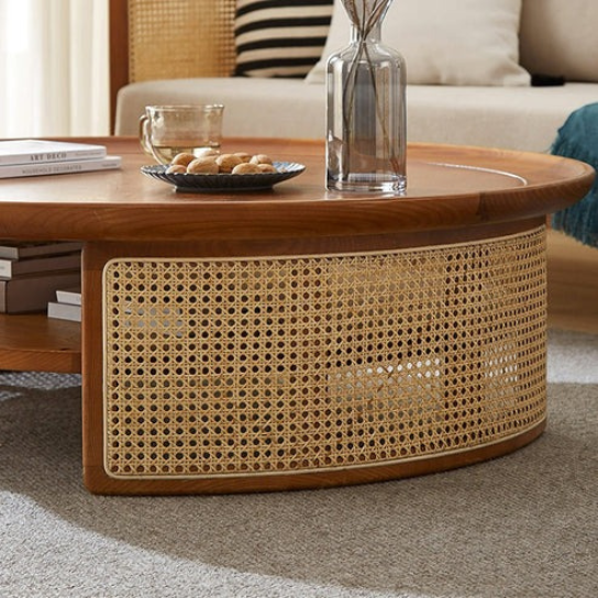 Rustic Mango Modern Round Shape Coffee table with Cane honey Finish thumbnail 3