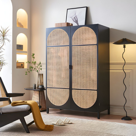 Rustic Mango Wooden Wardrobe In Cane Finish ( Black Finish ) thumbnail 2