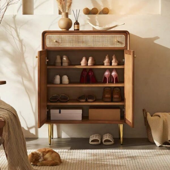 Rustic Mango Solid Wooden Cane Finish Shoe Rack In Honey Finish thumbnail 3