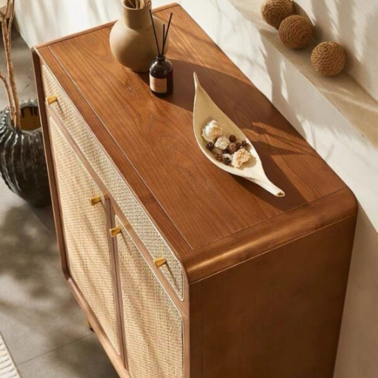 Rustic Mango Solid Wooden Cane Finish Shoe Rack In Honey Finish thumbnail 4