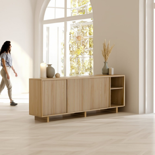 Rustic Mango Solid Wooden Sideboard with Sliding Door With Natural Teak Finish