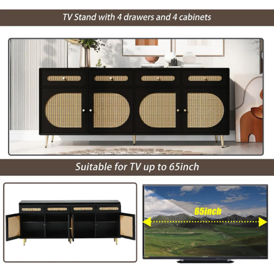 Rustic Mango Solid Wooden TV Cabinet With Cane In Black Finish thumbnail 2