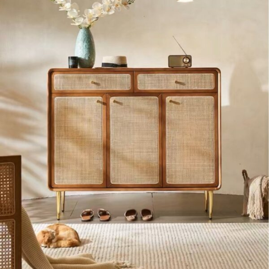 Rustic Mango Solid Wooden Cane Finish Shoe Rack In Honey Finish thumbnail 6