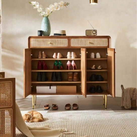 Rustic Mango Solid Wooden Cane Finish Shoe Rack In Honey Finish thumbnail 8
