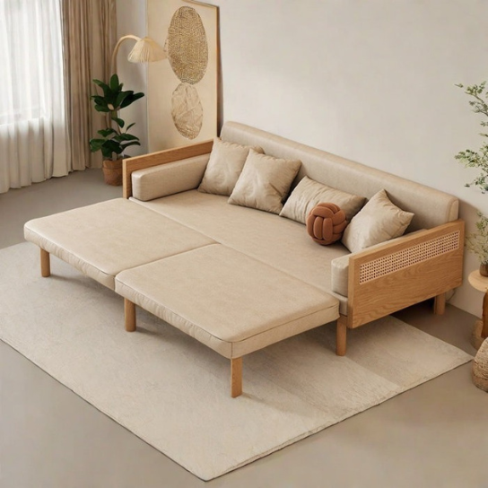 Rustic Mango Solid Wooden Sofa Cum Bed In Natural With Cane Finish thumbnail 4