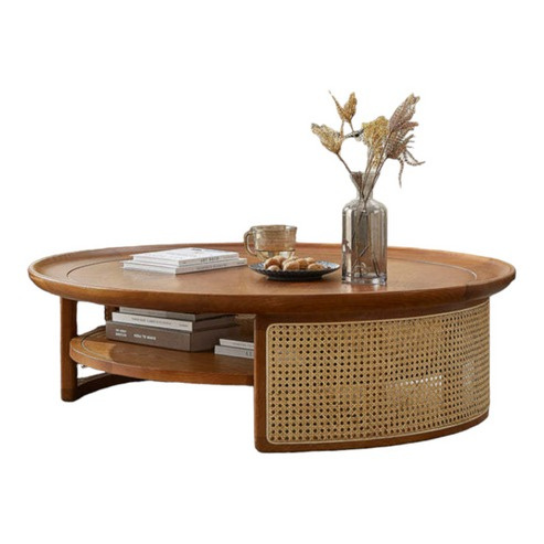 Rustic Mango Modern Round Shape Coffee table with Cane honey Finish thumbnail 4
