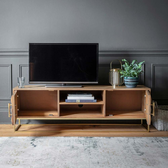 Rustic Mango Modern Design Solid Wooden TV Cabinet With Two Door In Teak Finish thumbnail 2