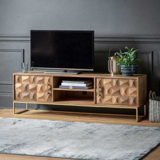 Rustic Mango Modern Design Solid Wooden TV Cabinet With Two Door In Teak Finish thumbnail 3