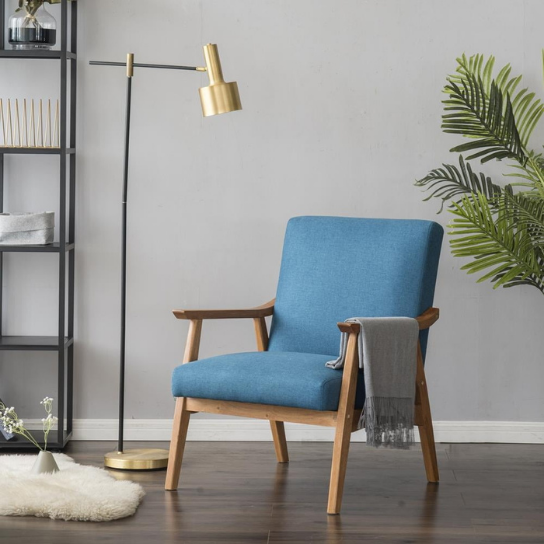 Rustic Mango Solid Wooden Classical Chair In Light Honey Finish With Blue Sitting