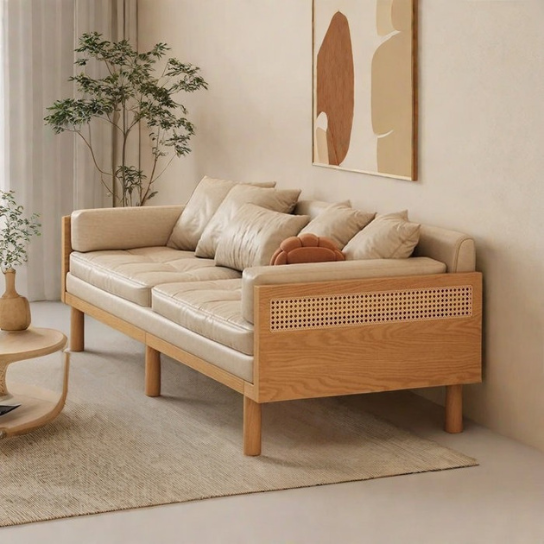 Rustic Mango Solid Wooden Sofa Cum Bed In Natural With Cane Finish thumbnail 5