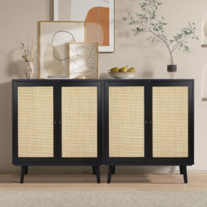 Rustic Mango Solid Wooden Sideboard In Cane Finish With Black