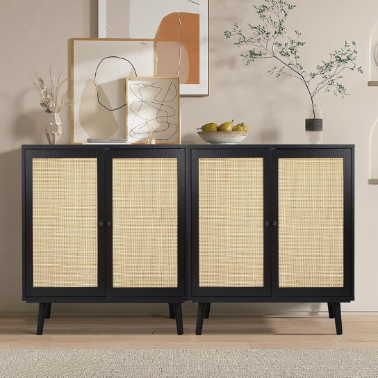Rustic Mango Solid Wooden Sideboard In Cane Finish With Black