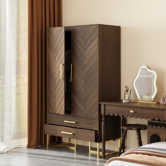 Rustic Mango Modern Exotic Premium Wooden Wardrobe In Honey Finish With Golden Handles thumbnail 2