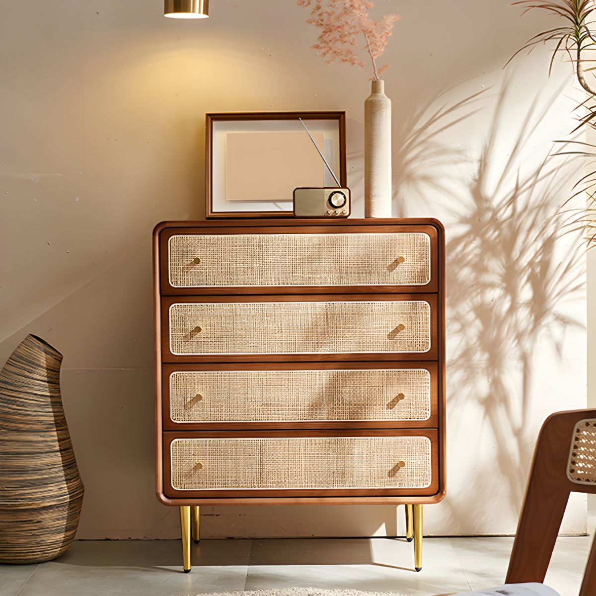 Rustic Mango Solid Wooden Cane Chest of Drawers With Honey Finish thumbnail 2