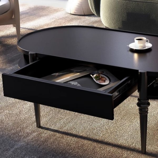 Rustic Mango Oval Shape Black Finish Modern Coffee Table for Living Room thumbnail 6