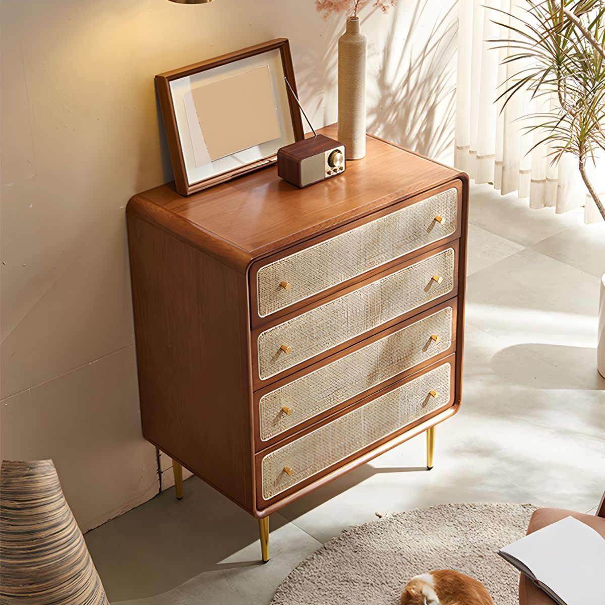 Rustic Mango Solid Wooden Cane Chest of Drawers With Honey Finish thumbnail 3