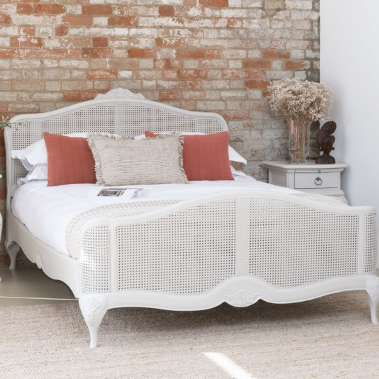 Rustic Mango Solid Wooden Bed With Cane In White Finish thumbnail 2