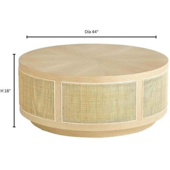 Rustic Mango Round Shape Solid Mango Wood Coffee Table with Cane Natural Finish thumbnail 7