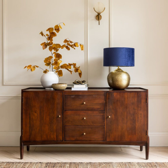 Rustic Mango Solid Wooden Franch Style  Sideboard In Honey Finish With Golden Nobs