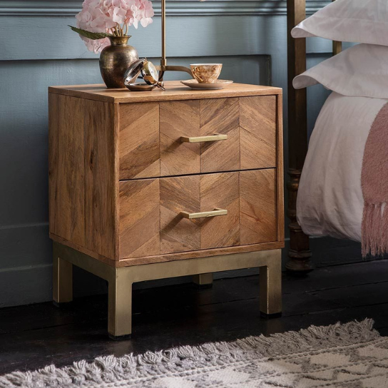 Rustic Mango Solid Wooden Carving Modern Bedside In Honey With Golden Finish thumbnail 2