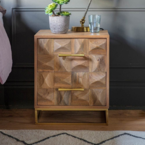 Rustic Mango Solid Wooden 3D Look Carving Bedside In Light Honey Finish With Golden FinishPro