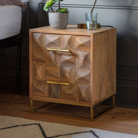 Rustic Mango Solid Wooden 3D Look Carving Bedside In Light Honey Finish With Golden FinishPro thumbnail 2