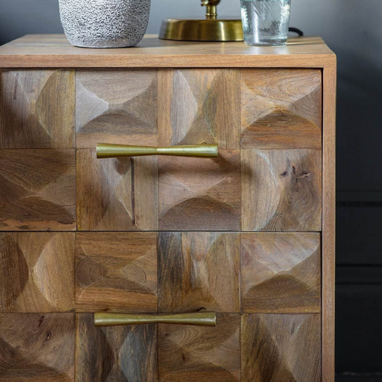 Rustic Mango Solid Wooden 3D Look Carving Bedside In Light Honey Finish With Golden FinishPro thumbnail 3