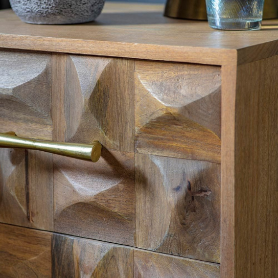 Rustic Mango Solid Wooden 3D Look Carving Bedside In Light Honey Finish With Golden FinishPro thumbnail 4